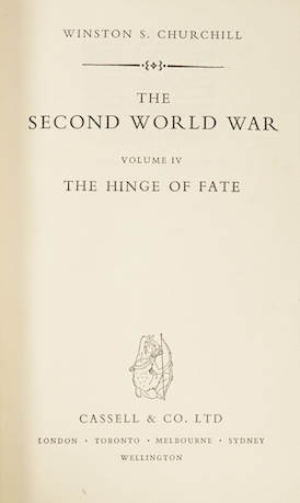 Fine binding - Churchill, Winston - The Second World War, Volume IV - The Hinge of Fate, 8vo, blue morocco gilt by Zaehnsdoorf, retailed by Hatchards, with folding maps, spine sunned, Cassell & Co. Ltd., London, etc., 19